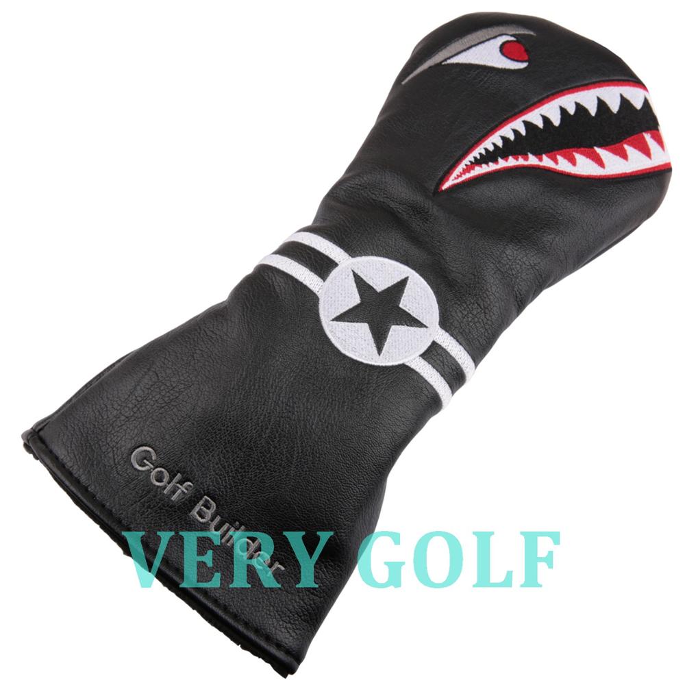3 stuks zwart pu-leer met haaienborduursel golfclub driver fairway wood fw headcover golf  #1 #3 #5 wood headcover