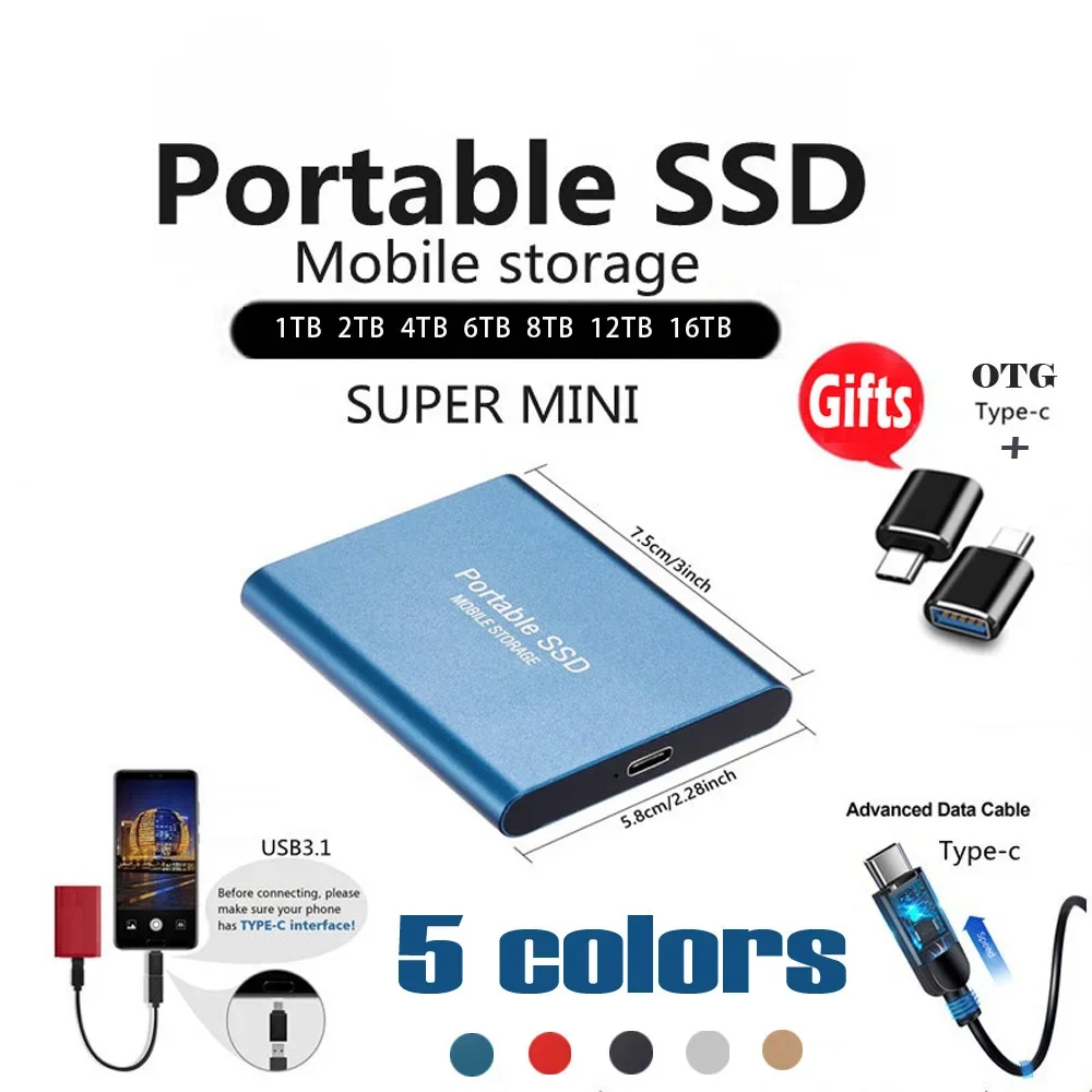 Tragbare SSD 1 TB/2 TB externe Solid-State-Laufwerk USB 3.0/Typ-C-Festplatte Hochgeschwindigkeits-Speichergerät für Laptops/Desktop/Mac/Telefon