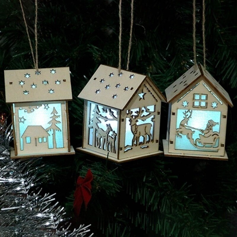 Christmas Led Light Wood House Cute Christmas Tree Hanging Ornaments Decoration Figurines Merry Christmas