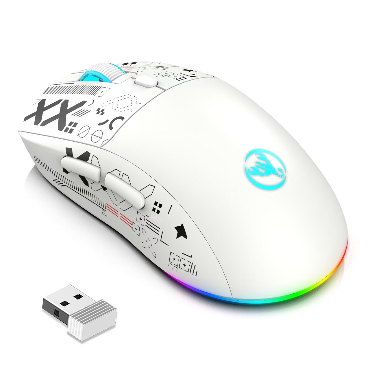 HXSJ T90 RGB-Gaming-Maus mit Hintergrundbeleuchtung, kabelgebunden, 2,4 G, Bluetooth, kabellos, neues Modell, 650 mAh Akku, 500 Millionen Klicks bis zu 4000 DPI: WHITE