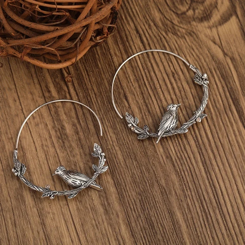 Jahrgang Ebene Vogel Blatt Runde Frauen Ohrringe Silber Farbe Tropfen Ohrringe für Frauen Schmuck