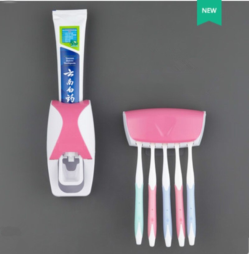 Automatische Zahnpasta Spender Zauberstab Montieren Staub-nachweisen Zahnbürste Halfter Zauberstab Halterung Lagerung Gestell Badezimmer Zubehör einstellen Presse: Rosa