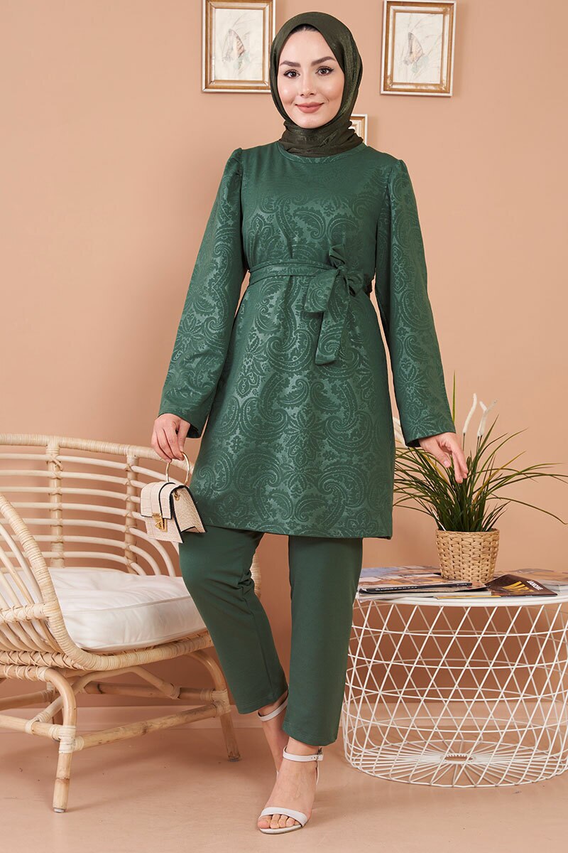 Self-Printed Double Suit Zero Collar Belted Seasonal Hijab Clothing Muslim Women Wedding Engagement Dining Daily