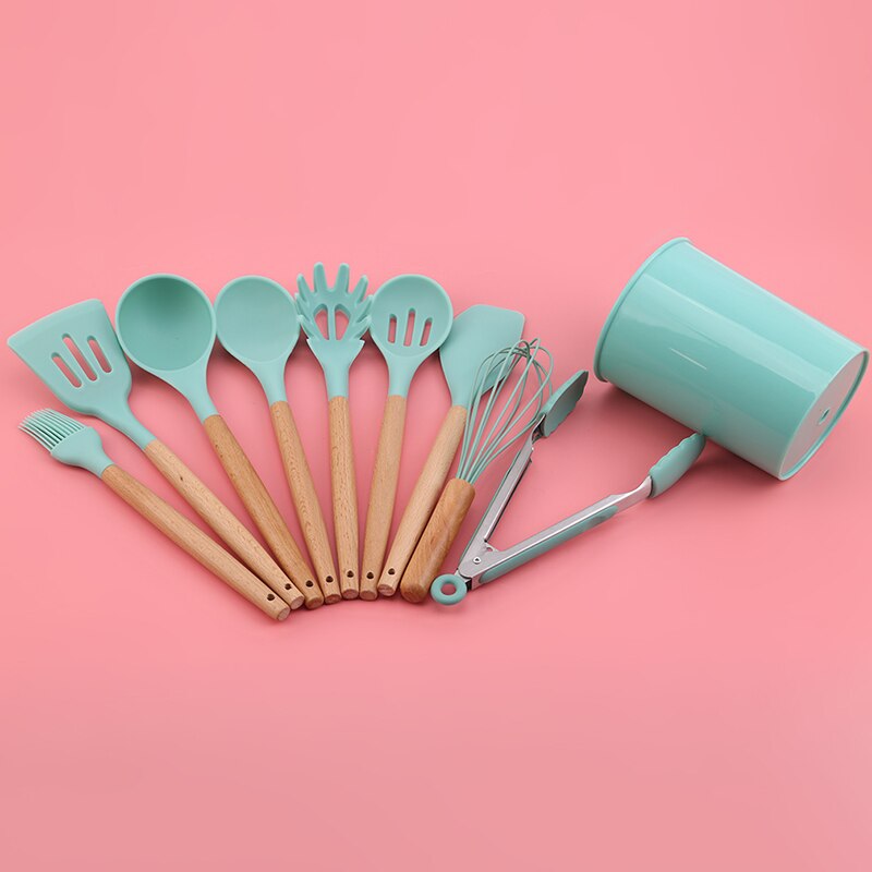 9/12PCS Silicone Cooking Utensils Set Non-stick Spatula Shovel Wooden Handle Cooking Tools Set With Storage Box Kitchen Tools