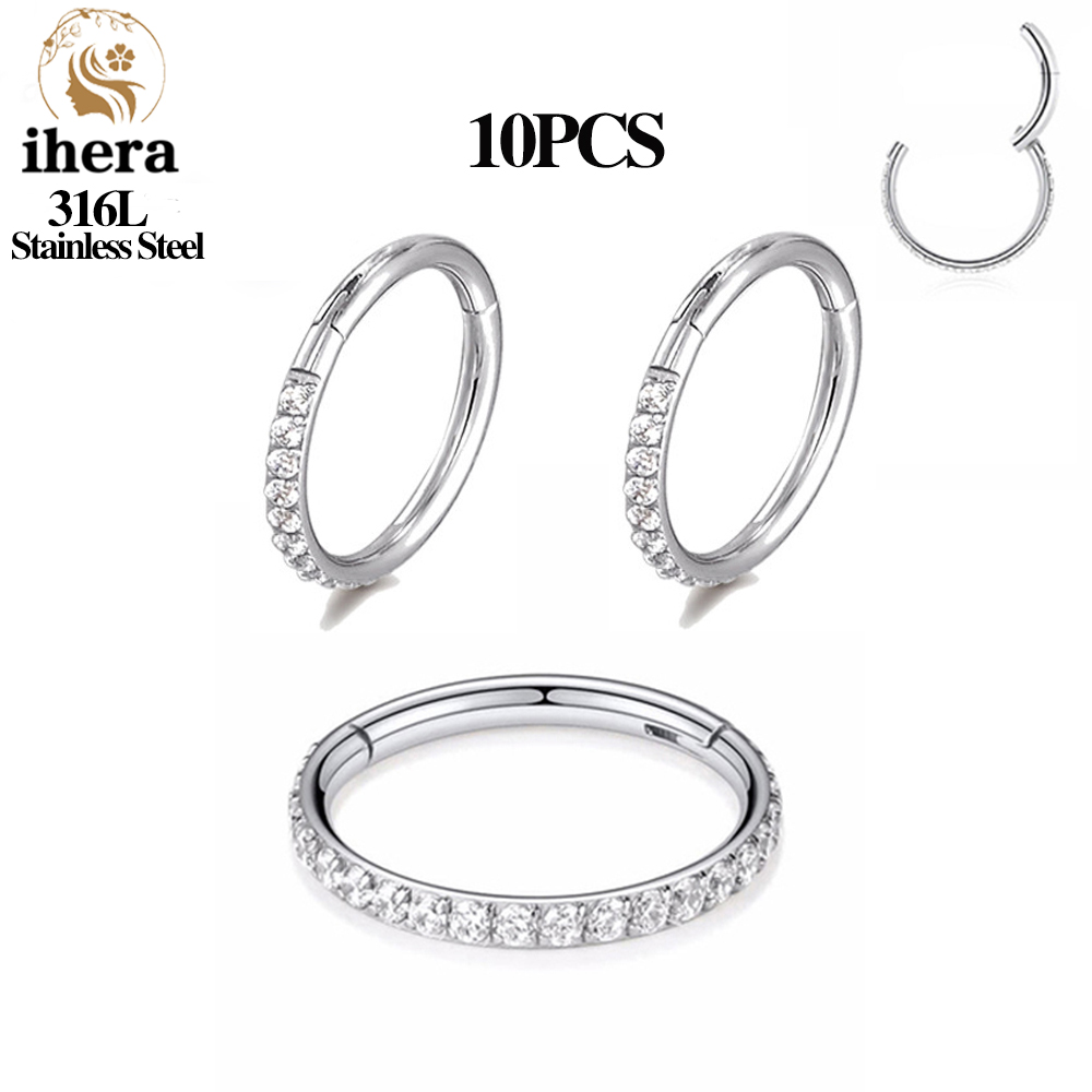 1/10/50 Uds. Anillo de acero inoxidable con bisagras de circón para tabique nasal, pendientes redondos, aros para oreja, Tragus, hélice, joyería para Piercing
