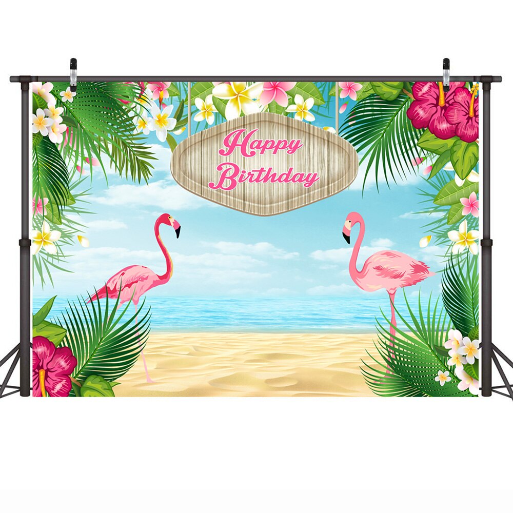 Gelukkige Verjaardag Flamingle Flamingo Hawaiian Verjaardagsfeestje Banner Achtergrond Tropische Strand Of Aloha Party Dessert Tafel Achtergronden