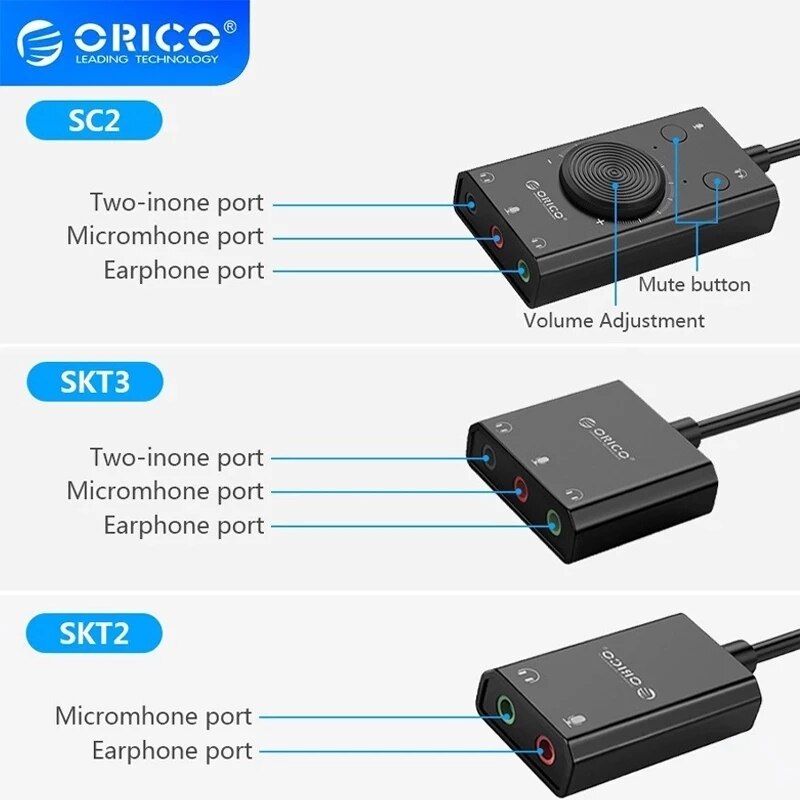 ORICO USB External Sound Card with Headset Port+1 Microphone Port Jack 3.5mm Adapter Mute Switch Volume Adjustment Free（SC2）