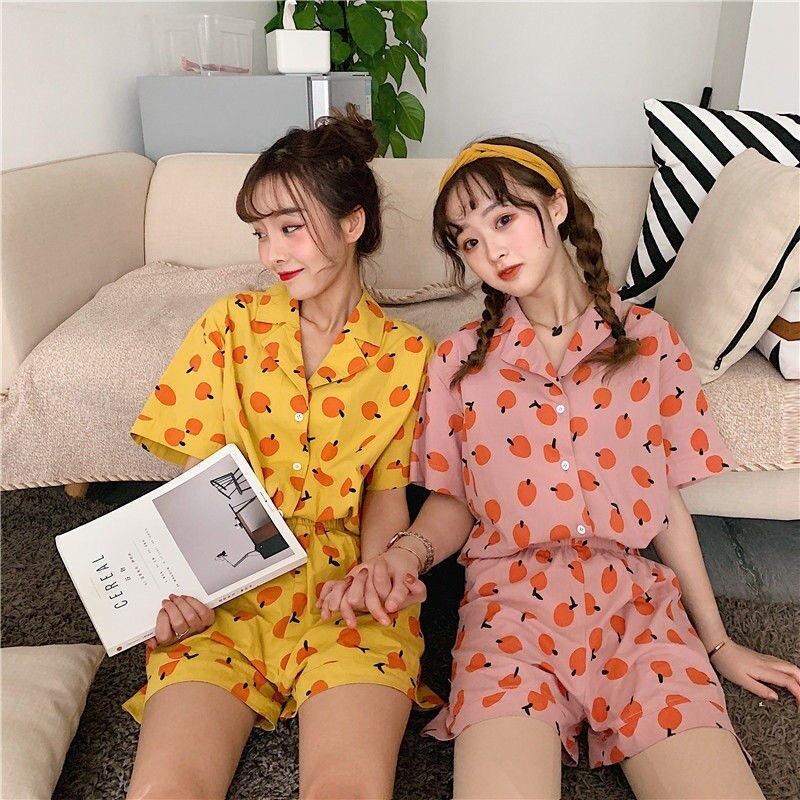 Korean Pajamas for Women Kawaii Room Wear Spring Summer Pyjamas Sweet Pijama Short Sleeve Home Suit Fruit Print Sleepwear