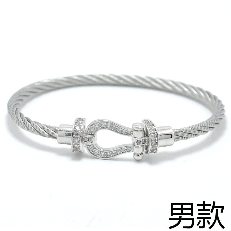 Titanium Steel Wire Rope Magnetic Buckle-encrusted Zircon Bracelet: Silver Men