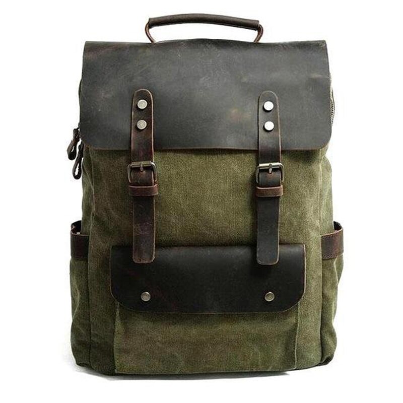 VZVA Women Backpack Bags Laptop Bag Mochila Girls School Bookbag Rucksack Canvas Leather Hiking Backpack: Army Green