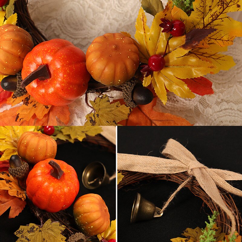 Herfst Leaf Pompoen Krans Met Bell Thanksgiving Halloween Voordeur Home Decor LB88