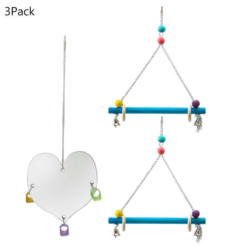 Pack de 3 columpios para loros y pollos, soporte de jaula para pájaros, percha, un lado, espejo con pájaro, juguetes con anillos para morder