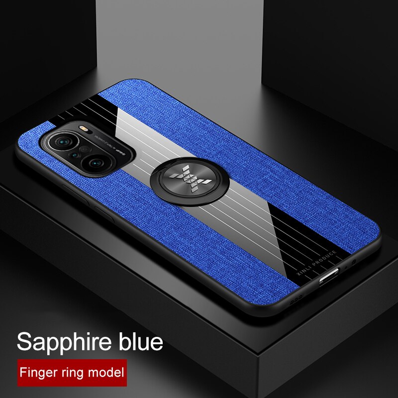 MAKAVO – coque de téléphone pour Xiaomi Poco F3, avec anneau, tissu rigide, cadre souple, Texture: Blue With Ring