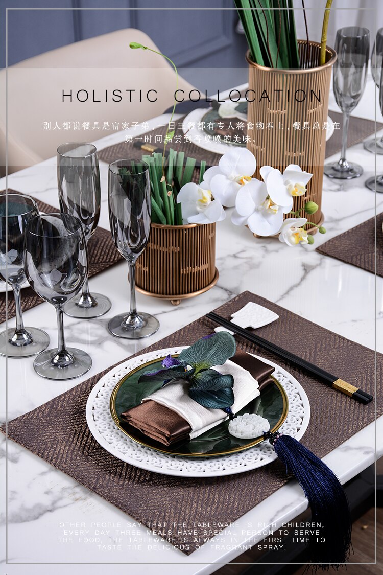 Chinese Tableware Western Food Plate Set Model Room Hotel Hollow Ceramic Tableware Set Tableware Full Package Pad Napkin