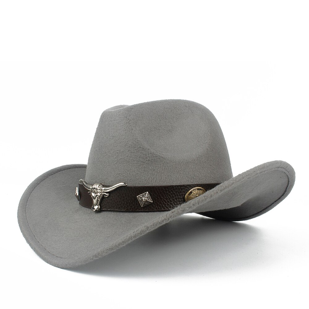 Barn barn ull ihålig western cowboyhatt roll-up brim pojke tjej svart sombrero hombre jazz keps storlek 52-54: Grå