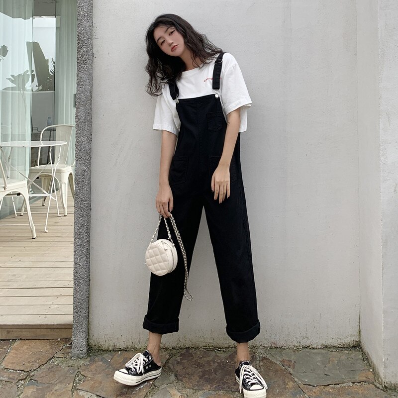 Plus size koreansk stor ficka lösa overaller streetwear femme hängslen dam hängslen svart gul jumpsuit med vida ben kvinnor  kz135: Svarta byxor / M