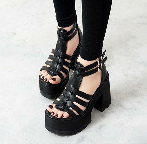 Sandalias de gladiador Punk para mujer, zapatos de tacón grueso con plataforma y Correa, hebilla de Punta abierta: EUR38 (240mm)