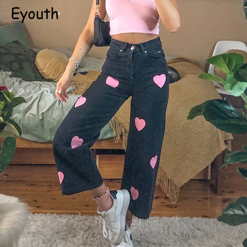 Print hjerte løse lige jeans bukser kvinder afslappet sorte harajuku lange bukser kvindelige lommer denim jeans skinny