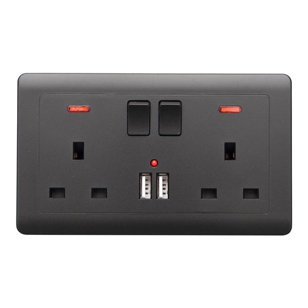 UK Plug Wall Switch Double Sockets 2 Gang 13A with 2 USB Charging Ports Black