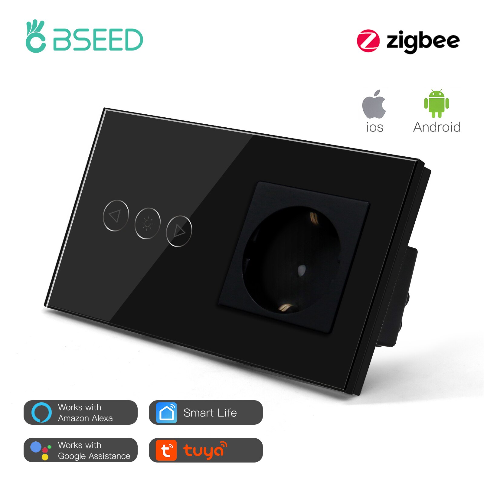 BSEED ZigBee Dimmer Switch Smart Intelligent Touch Light Switch Normal Wall Socket Tuya Smart Life APP Google Alexa Control: Black