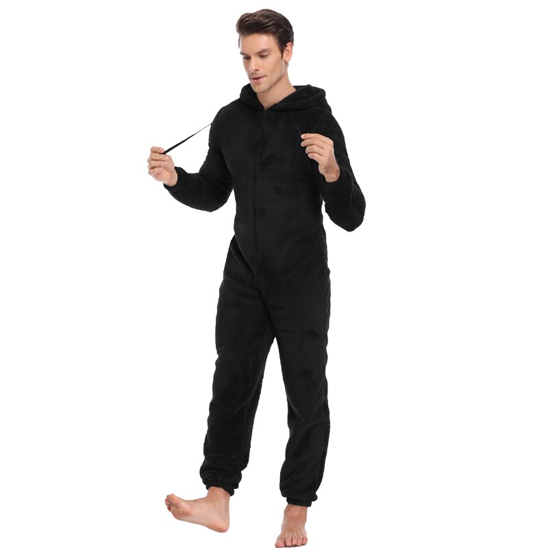 Men Plush Teddy Fleece Pajamas Winter Warm Pyjamas Overall Suits Plus Size Sleepwear Kigurumi Hooded Pajama Sets For Adult Men