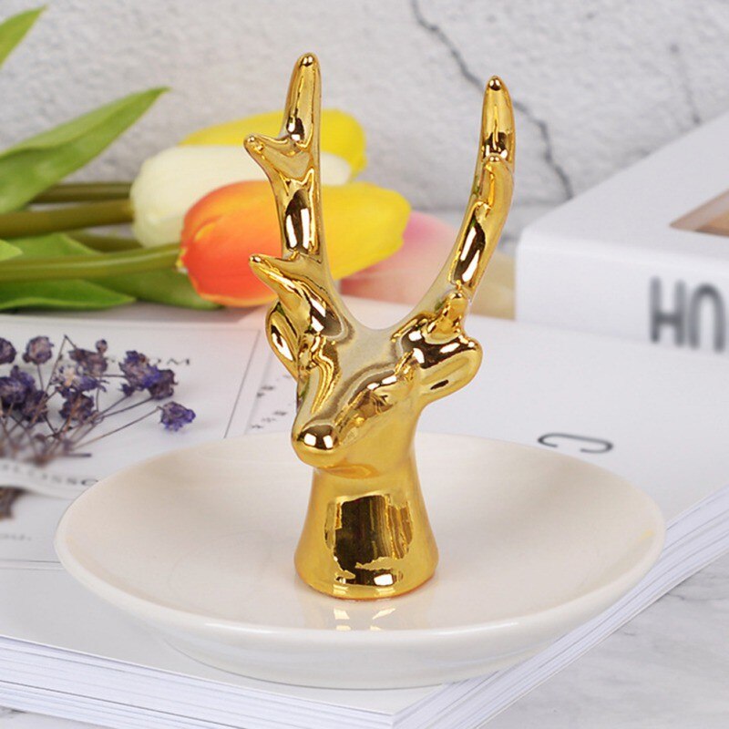 Golden Deer Antler Storage Plate Mini Ceramic Ring Tray Chic Necklace