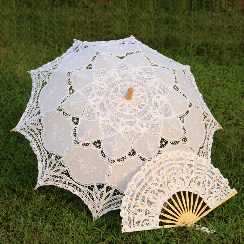 Fabrik Handgemachte Verschiedenen Größen Prom Hochzeit Braut Spitze Regenschirm Fan Sonnenschirm Latte-Burg Spitze Sonnenschirm und Fan einstellen