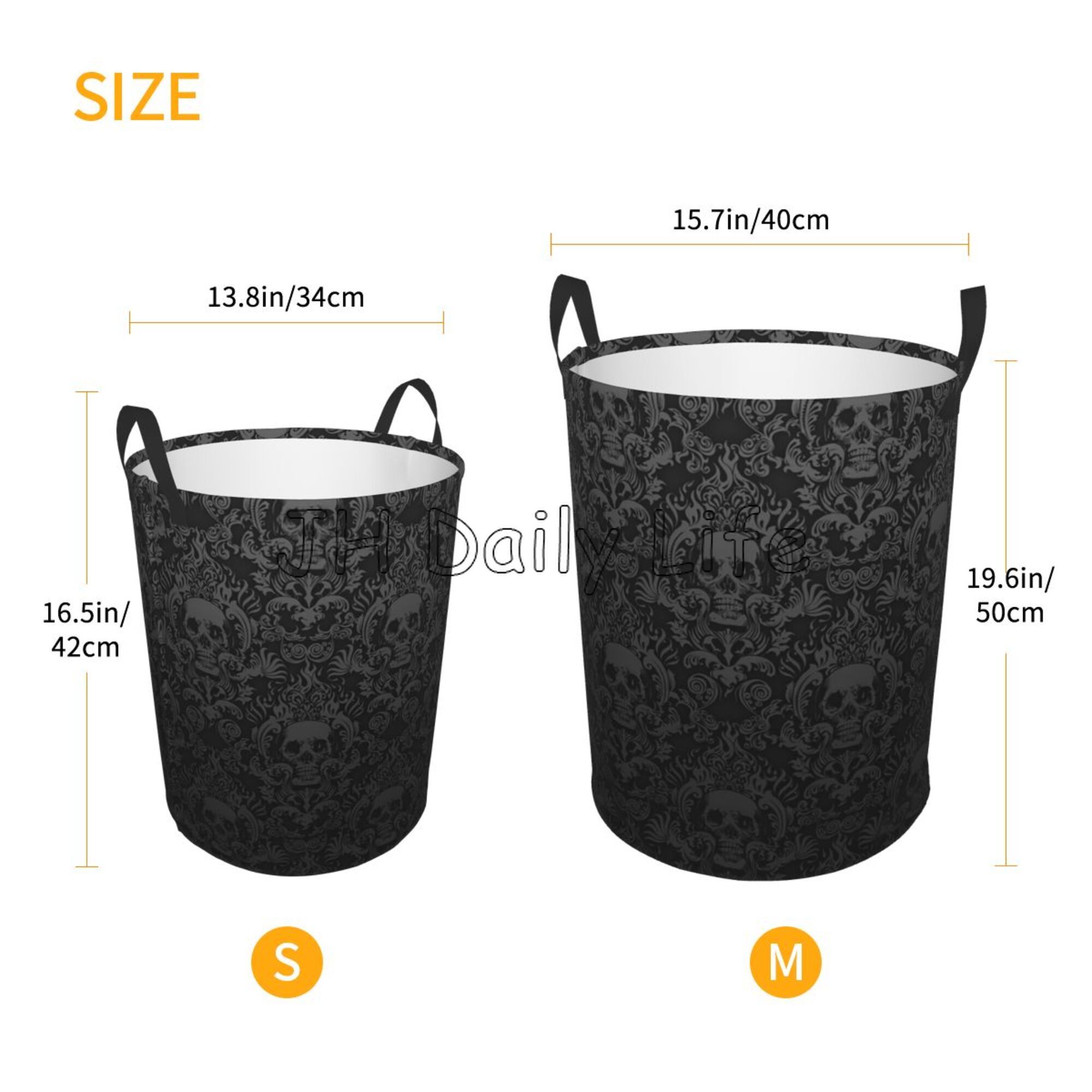 Waterproof Goth Gothic Black Skull Damask Circular Hamper Round Laundry Baskets Foldable Laundry Bags for Bathroom Bedroom Dorm
