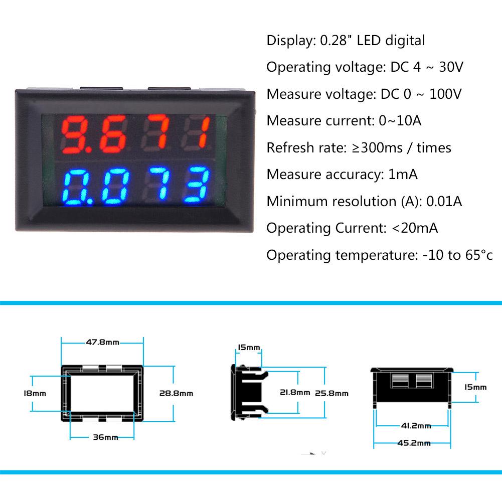 0.28inch Digital Voltmeter Ammeter DC 100V 10A Blue Red Dual LED Display Panel Amp Volt Voltage Current Meter 2 Wires