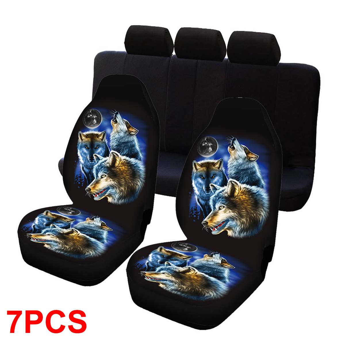 1/7 Pcs Auto Bekleding Universele Auto Front Stoelhoezen 3D Wolf Gedrukt Mesh Spons Kussen Volledige Cover set Interieur Accessoires: 7pcs