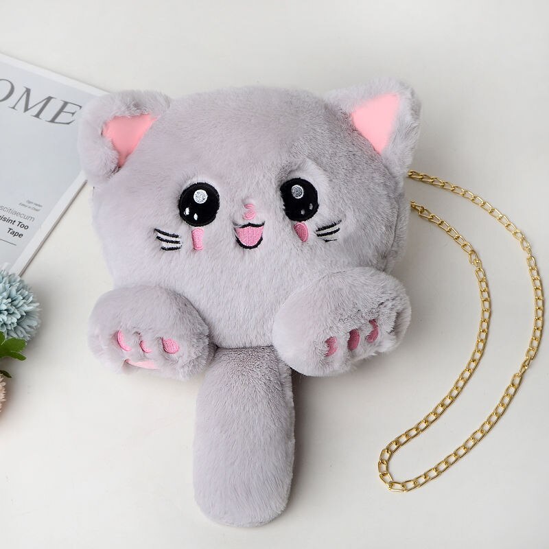 Women Plush Hairy Bag Female Cute Chain Shoulder Messenger Bag Girl Doll Cat Bear Head Bag: 11