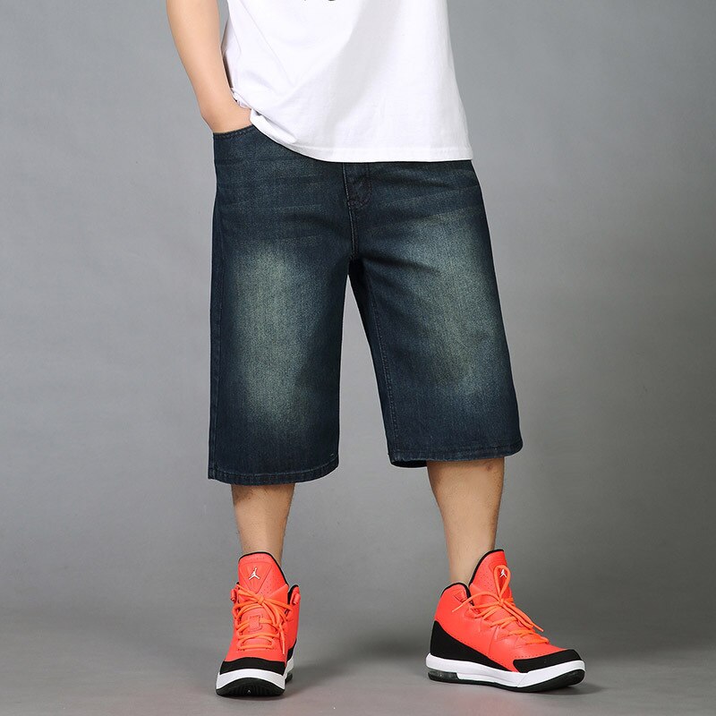 Herre sommer hip hop baggy jeans shorts mænd loose fit straight denim shorts 3/4 sorte blå korte bukser herre plus størrelse 44 46: Blå / 30