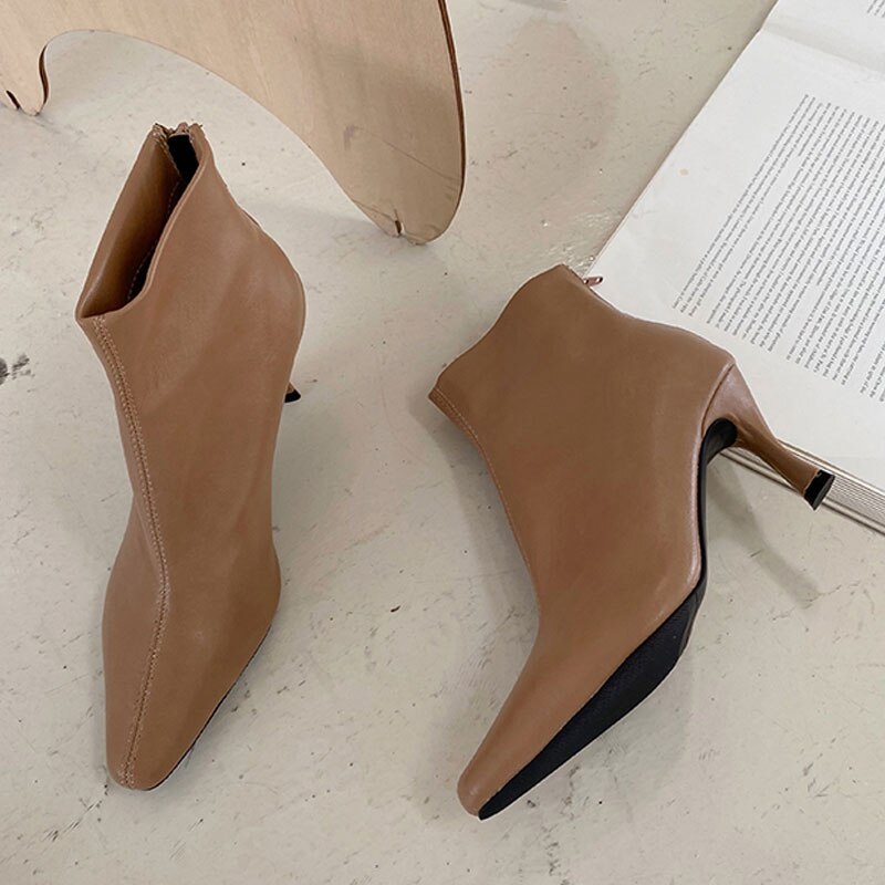 automne femmes bottes en cuir souple Pu concis bottines pour femmes bout pointu talons hauts dos Zip bottes courtes femme