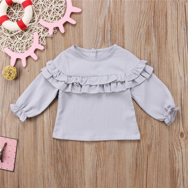Autumn Winter Toddler Newborn Baby Girls Kid Blouse Solid Round Neck Ruffle Girls Top Long Sleeve Blouse Shirt