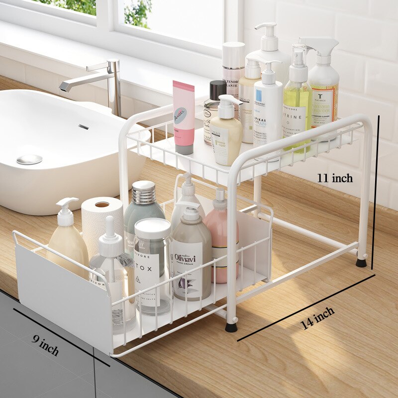 2-Tier Under Sink Cabinet Organizer with Sliding Storage Drawer Desktop Organizer for Kitchen Bathroom Countertop Rack Supplies: White 2