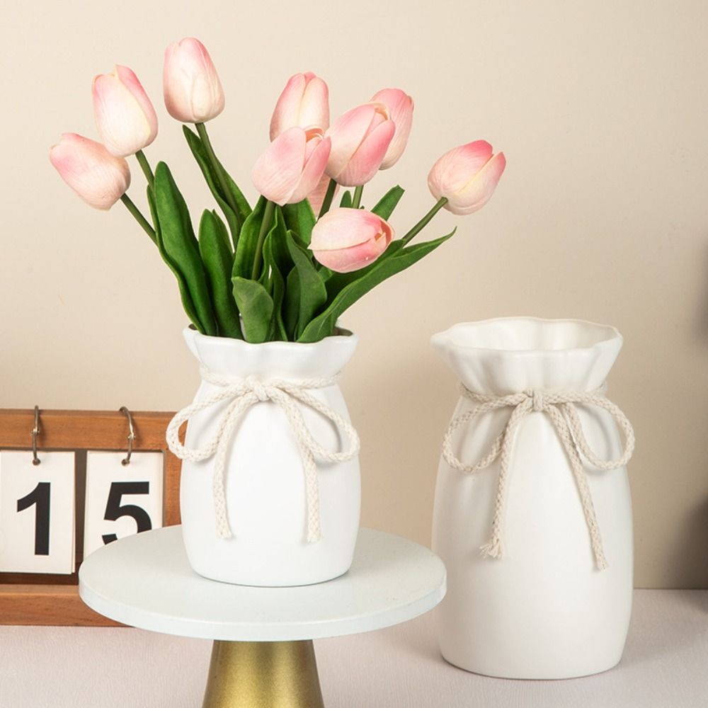 Home White Flower Vase Plastic Bow Plant Bottle Desktop Decor Ornament Garden