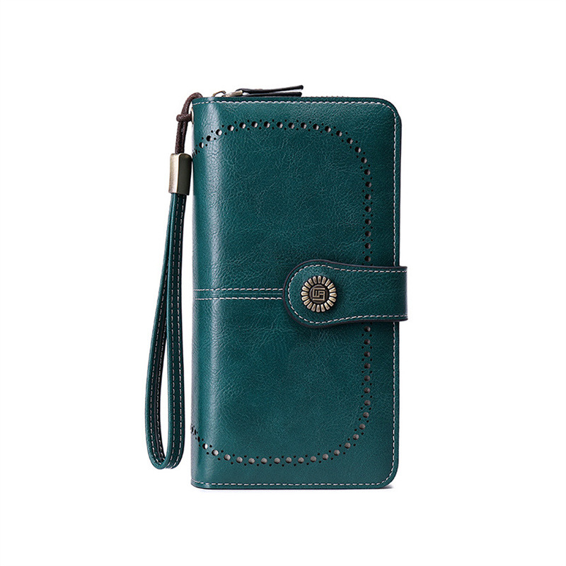 Vintage Ladies Long Leather Wallet Retro Natural Skin Zipper Coin Bag Card Holder Large Capacity Wallet For Girl: SKY BLUE