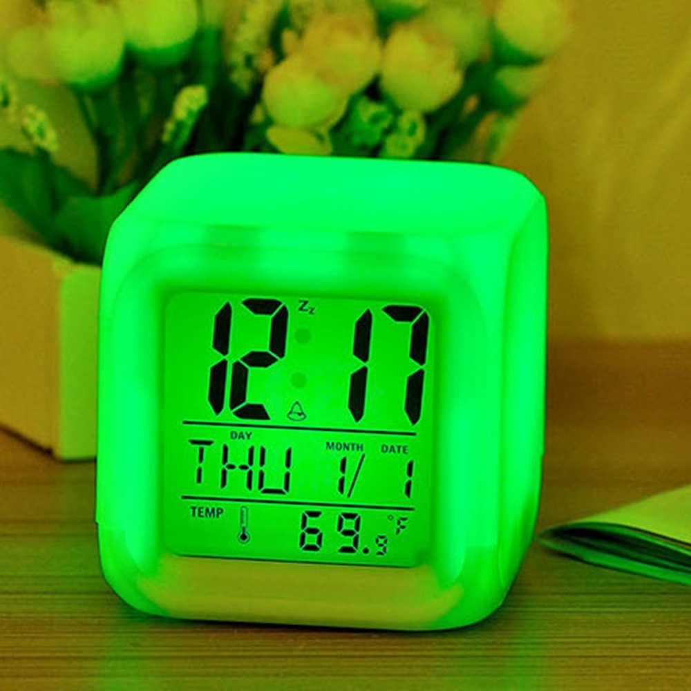 Portable Lovely 7 Colors Change Square Digital Alarm Clock with LCD Screen Display Luminous Mode Home Office Use