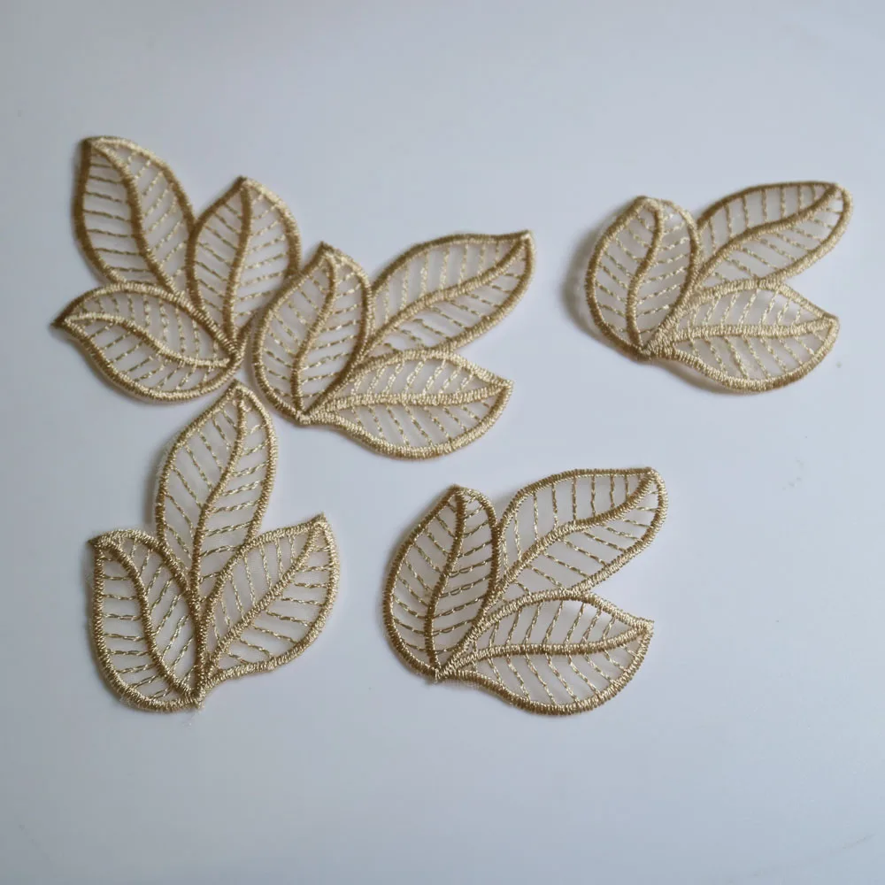 5 parches de hojas de organza de DIY para ropa, parches florales bordados para bolsos, parches decorativos, apliques para manualidades de costura: Caqui