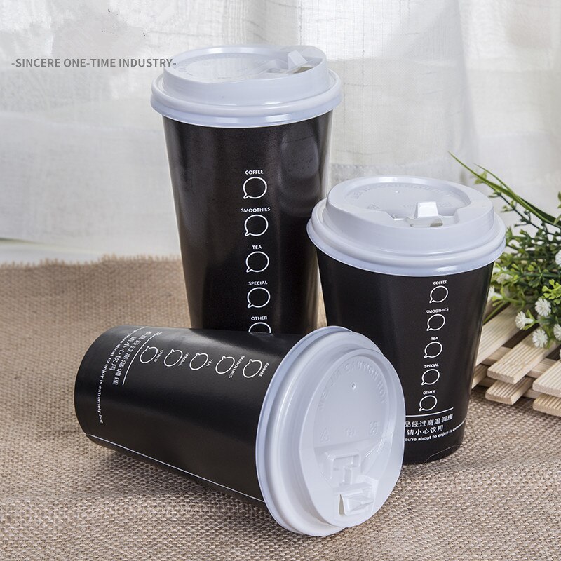 50pcs Thicken 400ml 500ml disposable tea cup black drink coffee paper cup takeaway packaging cups with lid