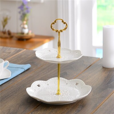 Ronde witte reliëf keramische fruitschaal europese drielaagse snackschaal taartschaal woonkamer snoepschaal plank: 15-20cm a2