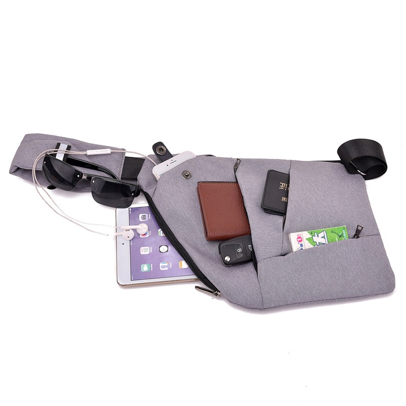 Multi Pocket Borst Tas Voor Mannelijke Messenger Bag Mannen Anti-Diefstal Sling Mannen Tas Borst Pakken Unisex Met Headset interface Grijs