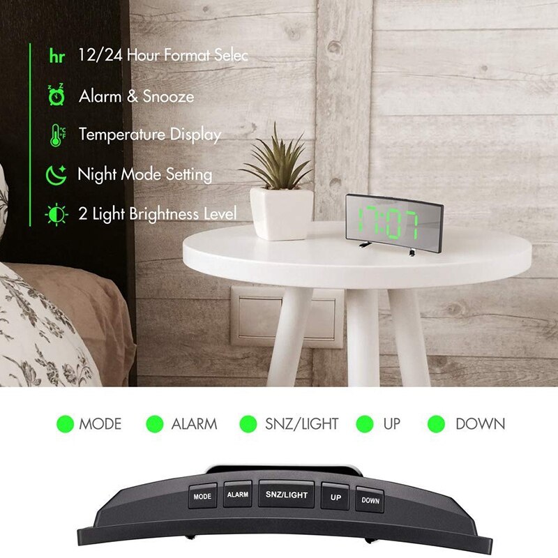Led-scherm digitale klok voor kinderkamer, groene grote klok, lichtgewicht digitale wekker, 7 inch gebogen, dimbaar