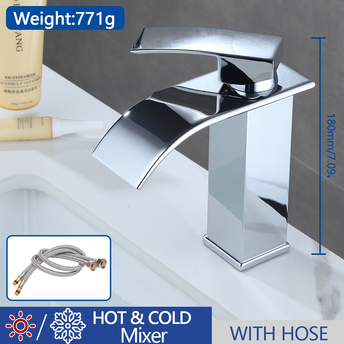 Badkamer Wastafel Kraan Waterval Badrandcombinaties Koud En Warm Water Mengkraan Messing Chroom Vanity Vessel Wastafel Kraan: MP05-hose