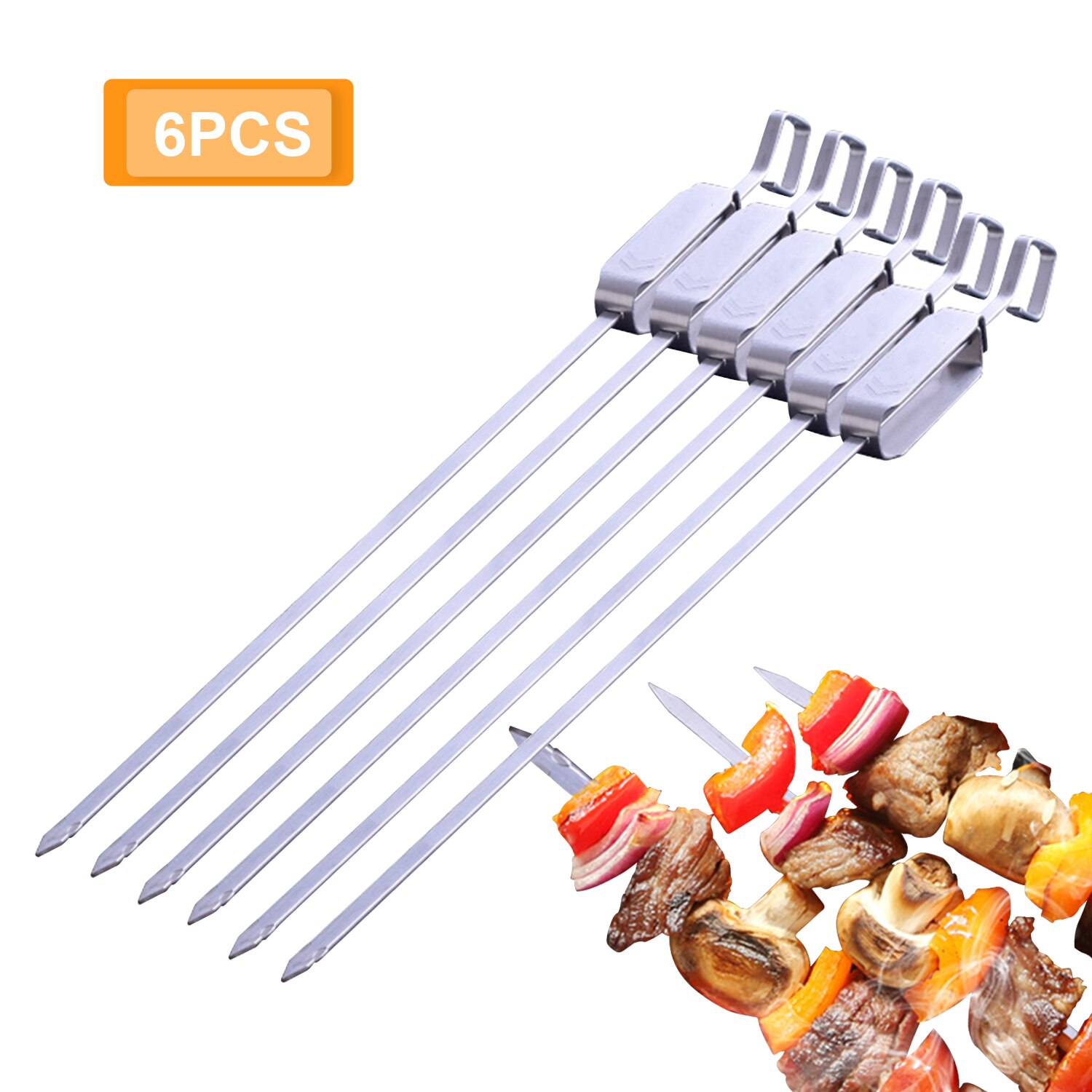 6pcs Stainless Steel BBQ Meat Sticks Long chef grill Food Holders Skewers Needle Prongs for Barbecue Party Skewers