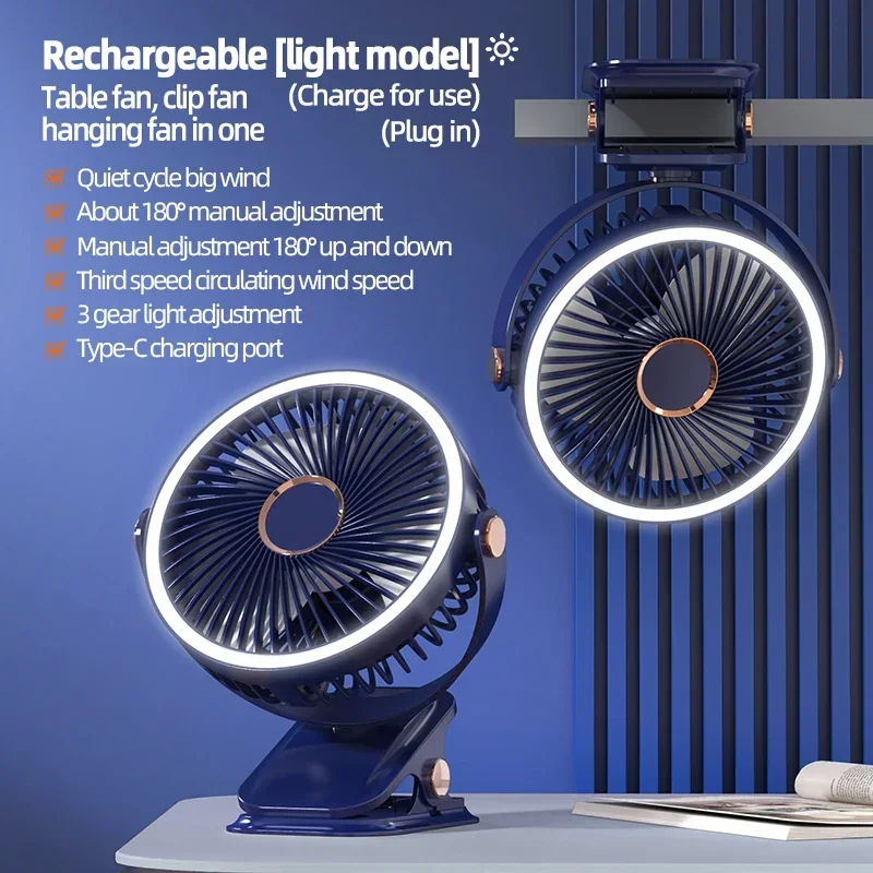 Ventilatore da campeggio 8000mAh Circolatore d'aria portatile da tavolo ricaricabile Ventilatore elettrico da soffitto senza fili con luce a portato Ventilatore domestico clip-in poi: Blu