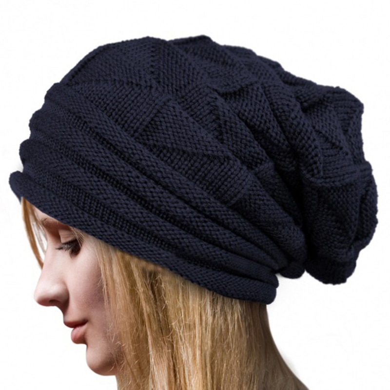 Kvinner hekle strikket stripet oversize posete slouchy lue høst menn lue varm vinter ski dame ullluer: Marineblå