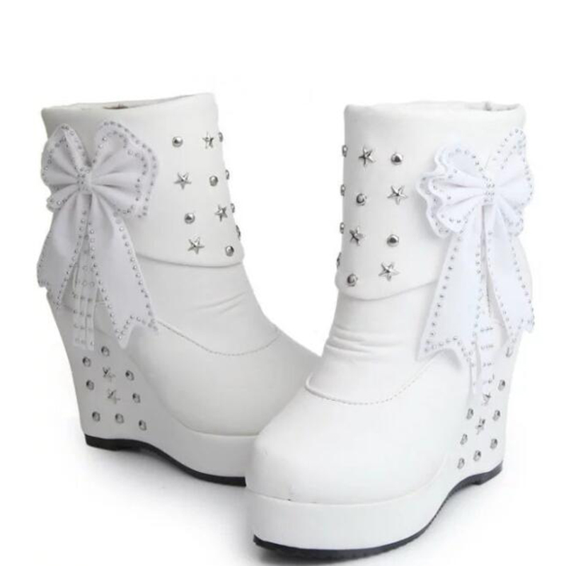 Covoyyar Wedge Laarzen Kralen Winter Vrouwen Schoenen Platform Warm Bont Schoenen Vrouw Enkel Witte Snowboots WBS4015: whitebow / 6