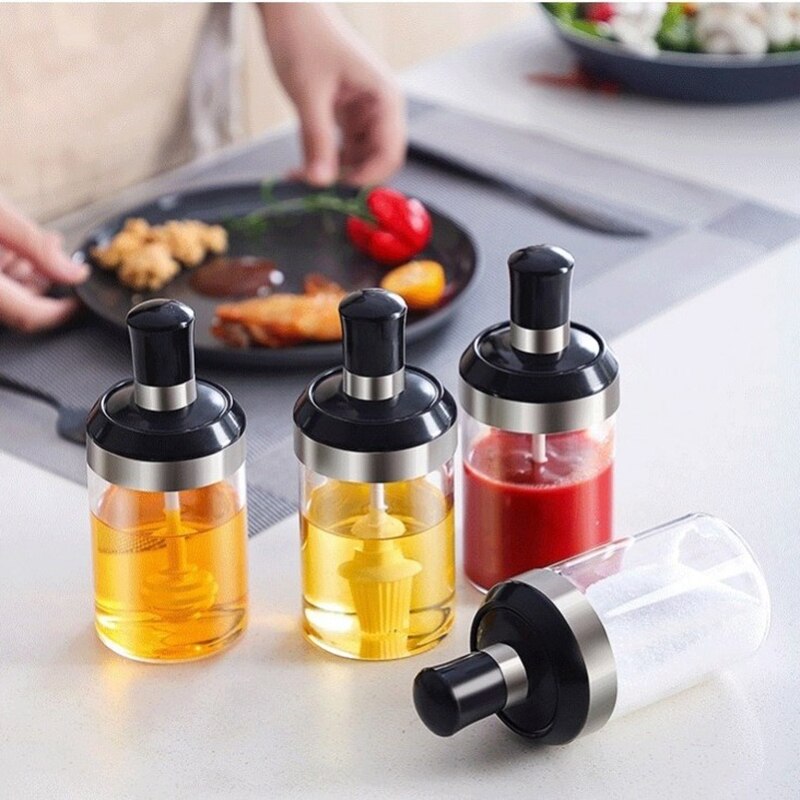 Frasco de aceite Caster, recipientes para especias, latas de sal, contenedor de almacenamiento, pimienta, condimento, cocina con cuchara/cepillo/palo y tapa, 1 Uds.