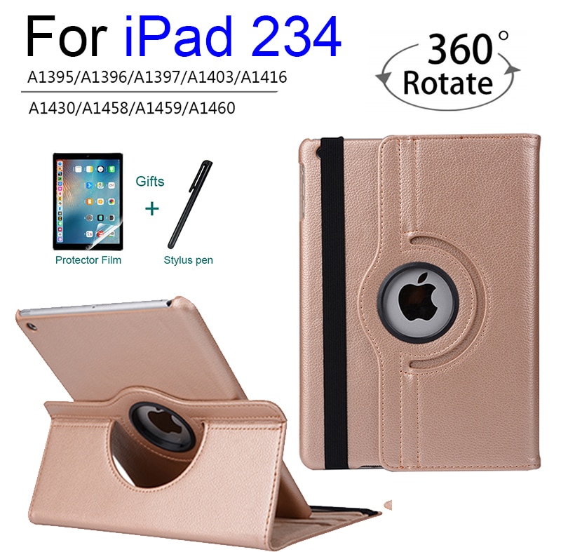 Étui pour ipad 2 3 4 modèle  a1458 1459 a1460 couverture, housse de veille automatique pour apple ipad 2 3 4 libération étui rotatif à 360 degrés + stylet